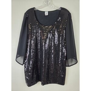 LIBIAN Y2K Sequin Top Womens 1X Black Party Sparkle Sheer Sleeve Pullover Blouse